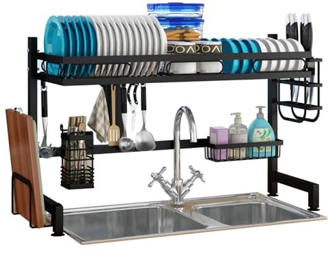 Dish Drain Rack With Hanging Basket Cutlery Dish Drain Rack，Stainless Steel 2 Tier Over The Sink Dish Drying Rack for Kitchen Counter Storage Large Organizer for Dishes Glasses Bowls and Cut
