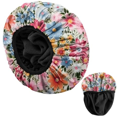 BHAHB Duschhaube, mit elastisch, wiederverwendbar,wasserdicht-hochwertig Duschhaube mit Terrystoff-Futter zum Haar trocknen, niedlich Design für Frauen und Mädchen (U12-Blumen)