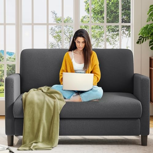 Welzona Sofa 2 Sitzer Klein, 130cm Teddy Kleines 2er Sofa für Wohnzimmer | Bequemer Teddy-Stoffbezug, Werkzeugfreies Aufstellen, Bezüge Waschbar, 2-Seater Sofa für Schlafzimmer, Vollholz, Grau