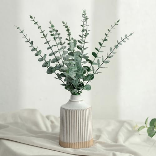 NUPTIO Artificial Eucalyptus in Ceramic Vase: Fake Plants Stems with Vase for Kitchen Bedroom Bathroom Decor - Spring Eucalyptus Centrepiece for Office Shelf Coffee Table Set of 1