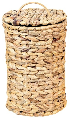 yeeplant Material de jacinto de agua de larga duración, cesta de basura tejida a mano para baño, cubo de basura con tapa, decoración rústica vintage para dormitorio, oficina y más, diseño compacto