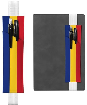 JxWCher Leather Pen Holder Bookmark for Notebook Deco,Flag of Romania Print Book Mark Elastic Pen Pouch Organizer