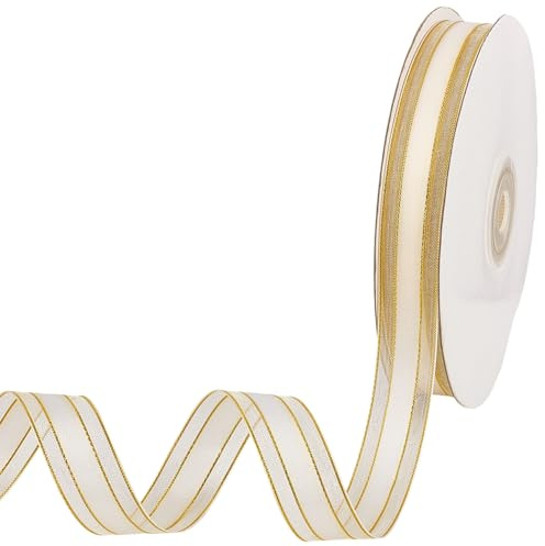 CABODYALS Ruban en Organza Transparent Beige de 45.72 m X 15mm en Mousseline de Soie Blanche avec Bordure Dorée pour Couture Artisanat Emballage Cadeau Bouquets Sapin de Noël