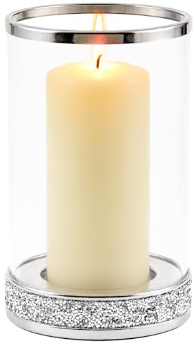 Windlicht Glas rund 24 cm Ø13 cm – Edles Windlicht aus Glas & Metall mit Glitzerdekor – Teelichthalter Kerzenglas für Stumpenkerzen bis 7,5 cm – Elegante Deko für Wohnzimmer, Balkon & Tisch
