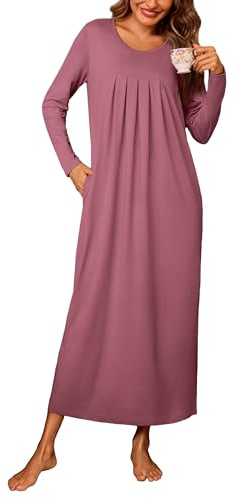 Leversic Camisón Largo para Mujer Cuello Redondo Plisado de Algodón Manga Larga hasta Los Tobillos Camisón Largo Vestido de Dormir Suave(Rosa,M)