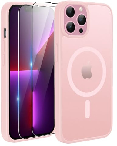 TQIAHF Magnetic Phone Case Cover for iPhone 13 Pro,Pink | with 2 Tempered Glass Screen Protector Compatible with MagSafe Military Grade Shockproof Protective Slim Translucent Matte