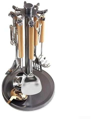 Gancio girevole per utensili da cucina con 8 ganci per utensili da cucina Supporto per cucchiaio in alluminio Base girevole 360 per piano di lavoro (grigio)