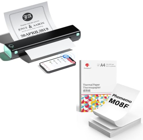 Phomemo M08F A4 Tragbarer Drucker Schwarz Grün mit 210 Blatt Gefaltetem A4 Thermopapier, kabelloser Bluetooth Mobildrucker für Reisen, Auto, Büro und Zuhause