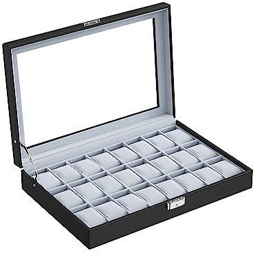 SONGMICS Uhrenbox, abschließbare Uhrenschatulle, Aufbewahrung, Organizer für Uhren, mit 24 Fächern, Glasdeckel, Geschenk für die Liebsten, schwarz JWB024