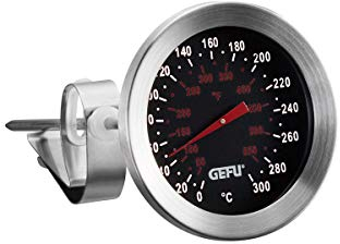 GEFU Küchenthermometer SIDO | Edelstahl Thermometer bis 300 °C / 550 °F | Für Braten, Zucker, Fett & Fritteuse | Mit Befestigungsklammer für Töpfe & Backofen