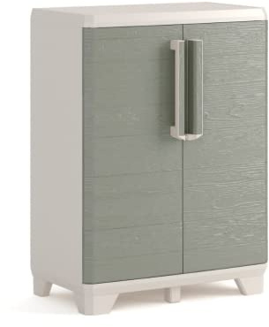 Keter Wood Grain Kunststoffschrank, niedrig, beige, 68 x 39 x 97 cm, inklusive 1 verstellbaren Einlegeboden, für drinnen und draußen geeignet, uv-beständig