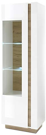 Vitrine Vitrinenschrank Fresh weiß Hochglanz Grandson Oak Dekor 60x194x40cm Wohnvitrine Vitrinenregal Wohnzimmerregal Regal Vitrinenregal Schrank Ausführung ohne Beleuchtung