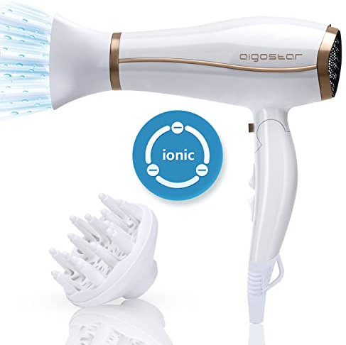 Aigostar Professional Ionic Hairdryer, 2200W Fast Dry Hair Dryer with Concentrator and Diffuser, Foldable Design, 2 Speed & 3 Heat Settings, Cool Button, White- Luna 32QUO