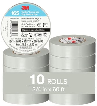 3M Temflex Lot de 10 rouleaux de ruban adhésif électrique multifonction en vinyle 165, gris, 19 mm x 18 m