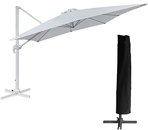 Parasol déporté Molokai carré 3x3m Blanc avec manivelle. Parasol déporté inclinable, Rabattable et Rotatif avec Housse de Protection.