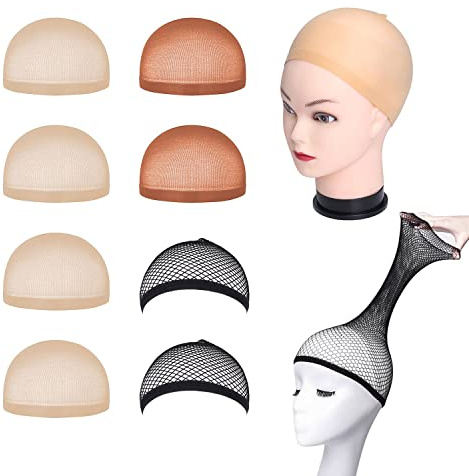 8 Perückenkappen, Unisex-Make-up-Perückenkappen, 4 Stück farbige Nylon-Haarkappen + 2 braune Nylon-Haarkappen und 2 schwarze Perückennetze, Perückenstrümpfe.
