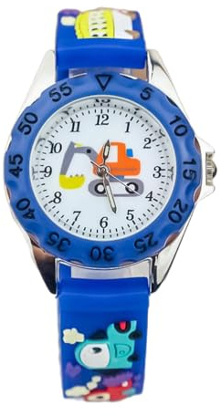 Hemobllo Süße Kinderuhr Bagger-Design, 3D Cartoon-Uhr, Glaszifferblatt analoge Quarz-Armbanduhr mit Silikonarmband, wasserdicht, modische Kinder-Lernuhr für Jungen und Mädchen