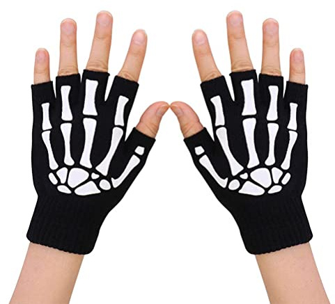 Sahgsa Halloween Skelett Halbfinger Handschuhe Unisex Totenkopf Fingerlose Stretch Strickhandschuhe Winter Handwärmer Handschuhe Kostüm-Zubehör, Einheitsgröße