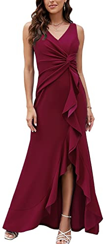 FQA Elegantes Abendkleid für Damen – langes Partykleid mit tiefem V-Ausschnitt, ärmellos, mit Schlitz und Wickeldesign – ideal für Festliche Anlässe, Abendveranstaltungen und Abschlussbälle, Weinrot