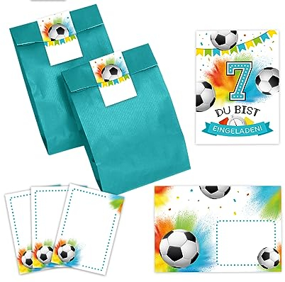 12 Einladungskarten zum 7. Kindergeburtstag Junge Fußball Fussball Einladungen zum siebten Geburtstag incl. 12 Umschläge, 12 Partytüten/petrol, 12 Aufkleber, 12 Mini-Notizblöcke