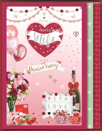 ICG Lovely Wife Large Luxury Handfinished Boxed Anniversary Card - Love Heart Balloons, Champagne and Flowers with a Flitter and Embellished Finish