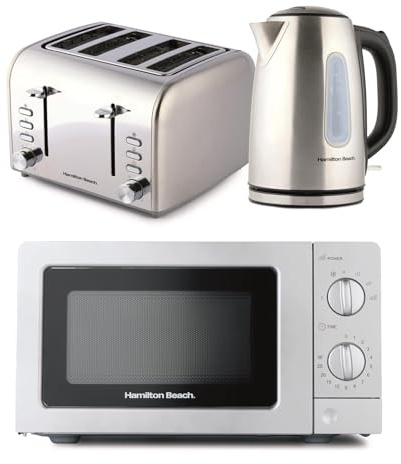 Hamilton Beach Kettle Toaster Microwave Set, Electric Kettle, Toaster 4 Slice, Microwave, Kettle & Toaster Set, Rise, 1.7L Kettle, Wide Slot Toaster, 700W Microwave, Brushed, Stainless Steel - HBKTMB