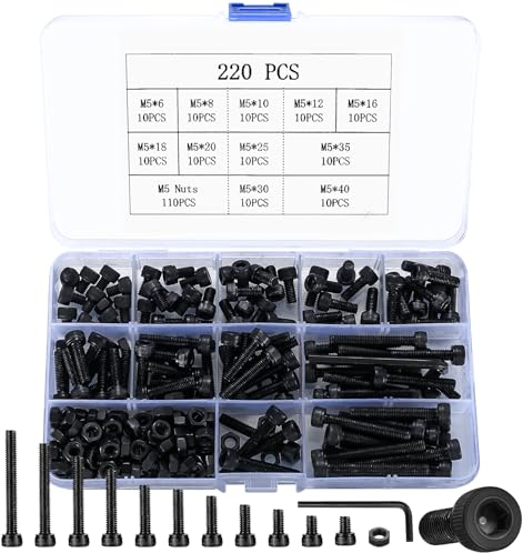 220 Stück M5 Schraubensatz, schwarz Sechskantschrauben mit Muttern und Unterlegscheiben, Schrauben Muttern und Unterlegscheiben Sortiment, Sechskantschrauben-Satz mit 2 Stück Schraubenschlüsseln