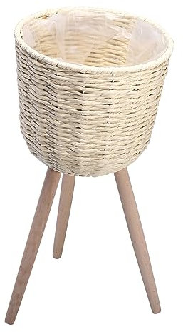 POPETPOP Maceta Tejida a Mano con Soporte De Madera para Balcón, Jardinera Tejida De Ratán con Soporte De Esquina, Tamaño Mediano Color Rafia Beige para Plantas Interiores y Exteriores
