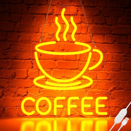 Basaneon Coffee Neon Sign for Wall Decor Dimmable Modern Led Sign for Cafe Shop, USB Powered Coffee Cup Neon Signs Light Up for Cafe Station Accessories Art Decor Party Decorations(15.7 * 12.8inches)