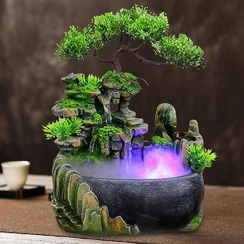Zimmerbrunnen Indoor Steingarten Wasserlandschaft Mini Desktop Brunnen Wasserlandschaft Dekoration fur Wohnzimmer Büro (mit Zerstäuber und Lichter)