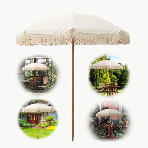 ZYBOWAYL Hawaii Sonnenschirm Fransen Strandschirm 200cm/6.6Ft Marktschirm Tischschirm Knickbar Tragbare Gartenschirm mit Tragetasche UV-Schutz UPF 50+ für Rasen, Deck, Hinterhof, Pool