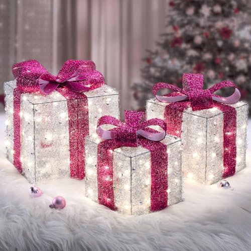 Quntis LED Pacco Regalo Luminoso Natale, Set di 3 Pacchi Natalizi Luminosi [Timer & 8 modalità di Flash] Addobbi Natalizi con Fiocco Intrecciato Rosa Intenso (Rimovibile) per la Casa, Giardino