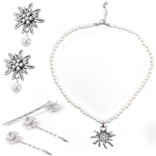 TaimeiMao Trachtenkette mit Strass Edelweiß Herz Anhänger, Edelweiß Armband und Edelweiß Ohrstecker (Anzug) (3)