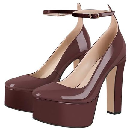 blingqueen Plateau Mary Janes mit Riemchen Schnallen High Heels Riemchenpumps Blockabsatz Chunky Pumps Lackoptik Burgundy 46 EU