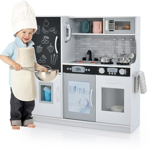 HOMASIS Spielküche mit 10 Zubehör, Kinderküche Holz, Spielzeugküche mit Tafel Spüle Herd Ofen Mikrowelle Eismaschine Telefon, Holzküche Kinderspielküche für Kinder ab 3 Jahre (Weiß)