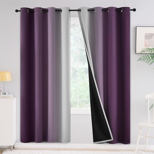 Yakamok 100% Blackout Purple Curtains, Room Darkening Purple Curtain Ombre for Bedroom Grommet Thermal Insulated Gradient Drapes for Living Room,2 Panels,52x72 inch