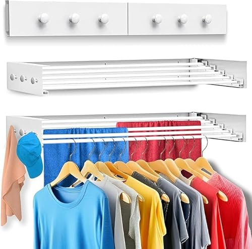 Homexa Wall Mounted Drying Racks for Laundry (31.5 Inches Wide) – Retractable Clothes Drying Rack Wall Mounted with Carbon Steel Panel 6 Knobs & 5 Aluminium rods, Wall Drying Rack with Screws (White)