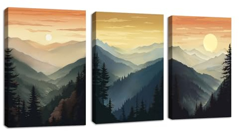 3 Pcs Boho Forêt Silhouettes Tableau Décoration Murale Salon, Vert Lever de soleil Montagne Paysages Impression sur Toile Image sur Toile Peintures sur Toile Décoration Murale pour Chambre 40x60cmx3