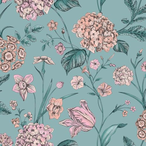 Rasch Amelie Hydrangea Teal Floral Wallpaper - Flowers Botanical Leaves Naturistic Classic Traditional - Stylish Feature Wall