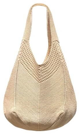 Borsa Donna a Spalla in Maglia - Borsa Mare Boho per Spiaggia, Vacanze e Shopping, Borse Tote Hobo Intrecciate, Borsa Paglia da Spiaggia (Cachi)