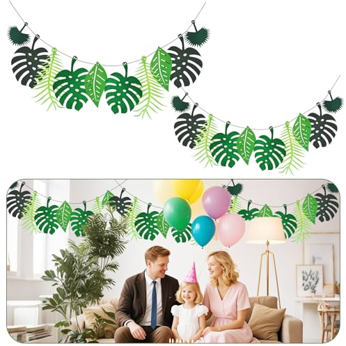 2 banderines de hojas de palma tropicales para fiestas, decoración de hojas verdes, pancarta de cumpleaños, selva, decoración para fiestas en la selva