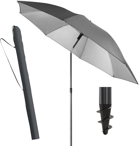 Menz Sonnenschirm Strand, Fb. Anthrazit - UPF 50+ Strandschirm Ø 180 cm, Sonnenschutz für Strand und Balkon - Strandschirm windfest stabil, Sonnenschirm mit Schutzhülle