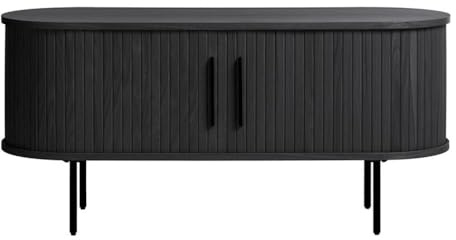 Pemberly Row Contemporary TV Lowboard, 71 W x 15.75 D x 22 H, MDF Wood Veneer, Black Oak Finish, Sliding Tambour Doors, Adjustable Shelving, Wire Management, Modern Media Cabinet for Living Room