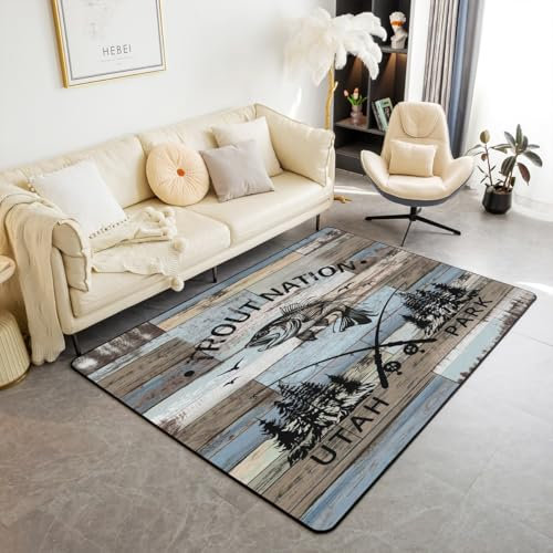 Loussiesd Alfombra de área con diseño de pez lucio grande, 150 x 200 cm, para pesca, caza, sala de estar, para dormitorio, para adultos, niños, niñas, rústico, a rayas de madera, antideslizante