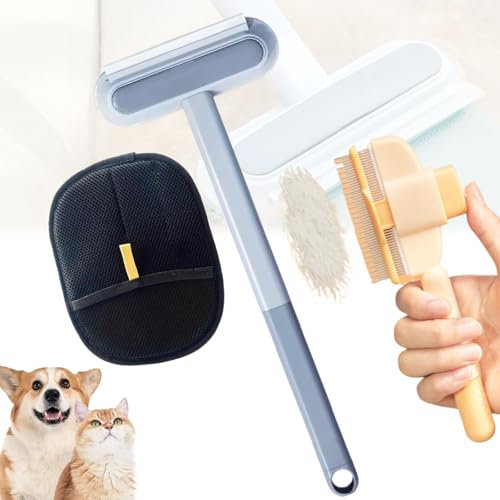 QCBFN 3 en 1 Quita Pelos Mascota, Nuevo Quitapelos Mascotas, Cepillo Gatos Quitapelo, Pet Hair Remover, con Cepillo Antipulgas Autolimpiable y Guante Quitapelos para Mascotas
