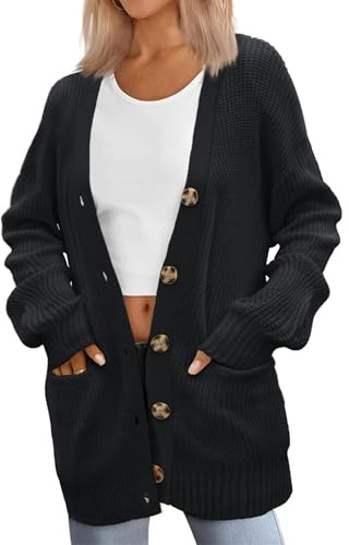 Zeagoo Strick Cardigan Damen Herbst Strickjacke mit Knöpfen Locker V-Ausschnitt Langarm Strickweste Taschen Herbst Winter Oversized Grobstrickjacke Schwarz L