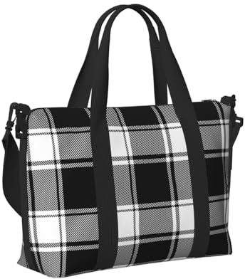 Buffalo Check Plaid Bianco Nero Stampa Borsone da Viaggio per Donna, Oggetto Personale Pernottamento Weekender Sport Carry On Gym Bag per Uomo Donna