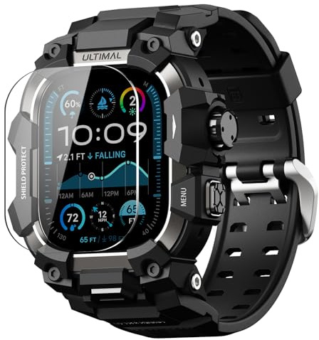 ULTIMAL Hölje med armband och pansarfolie för Apple Watch 49 mm, 3-i-1-sportarmband, kompatibelt med Apple Watch Ultra/Ultra 2/Ultra 3, militärcertifierat stötsäkert skyddsfodral för iWatch