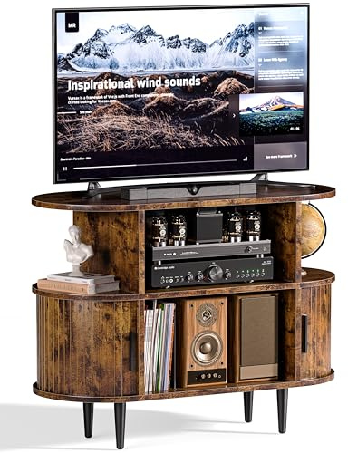 UODERS Geriffelter TV Schrank Holz, Mid Century Fernsehtisch mit abgerundeten Ecken, TV Stand mit Stauraum, TV-Regal für Fernseher bis zu 65 Zoll mit 2 Schiebetüren für Wohnzimmer Braun