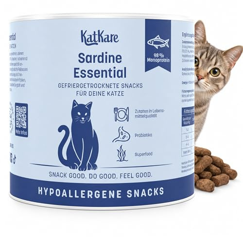 KatKare Bocadillos hipoalergénicos para gatos liofilizados para gatos sensibles – monoproteína para gatos golosinas sin cereales, sin aditivos, fuente de proteína monoproteína – Sardina Essential – 70